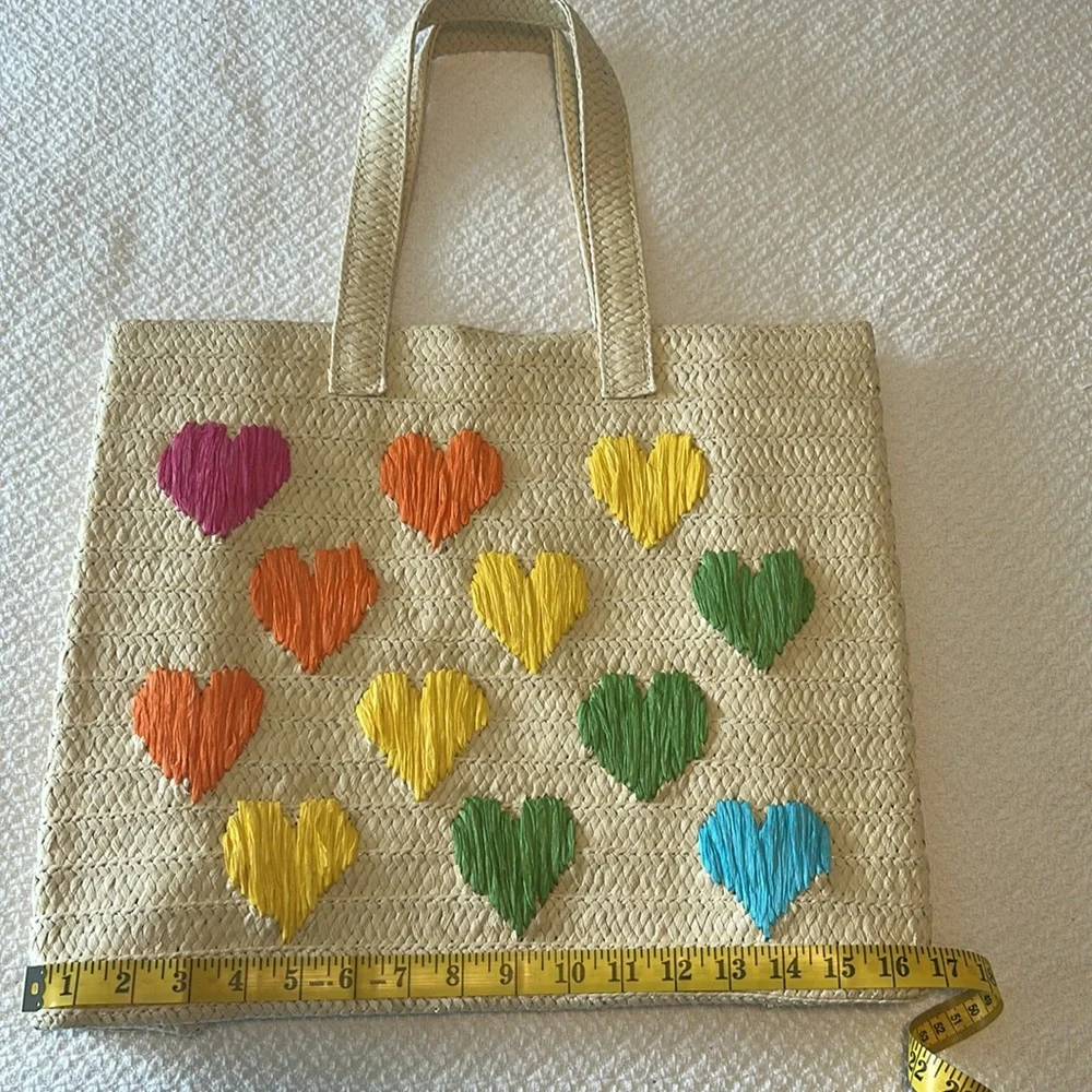 NWOT Mark & Graham Colorful Hearts Straw Beach Tote Book Baby School Travel… - Picture 3 of 9